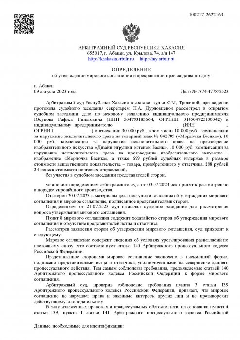 Нарушение исключительных прав на произведение изобразительного искусства «Кот Басик»