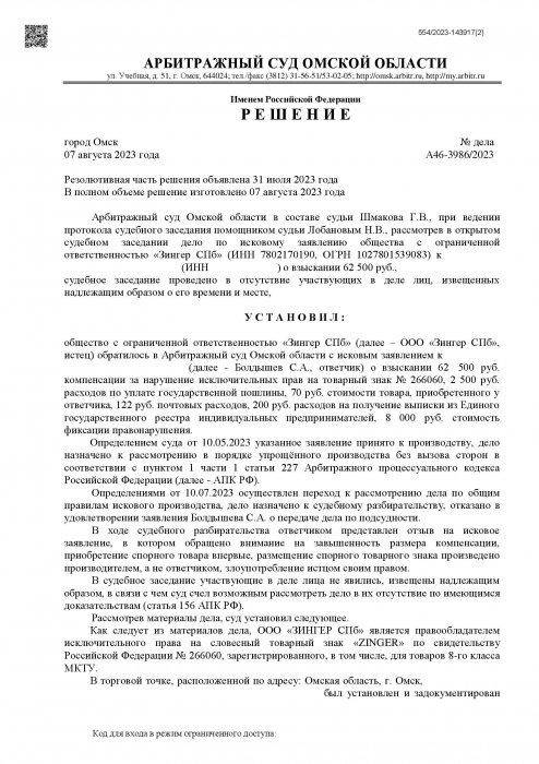 Нарушение исключительных прав на товары «Zinger»